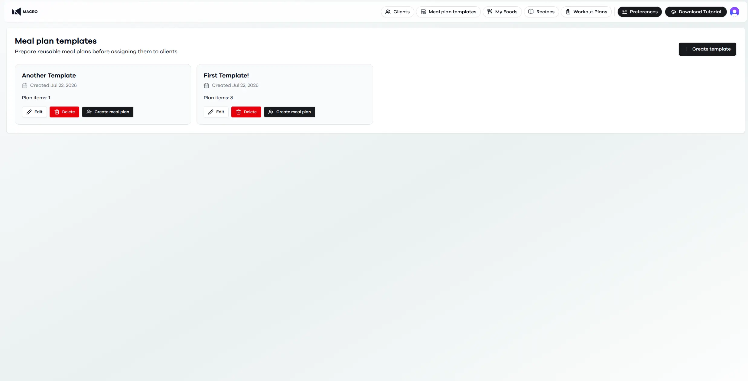 Macro meal plan templates library