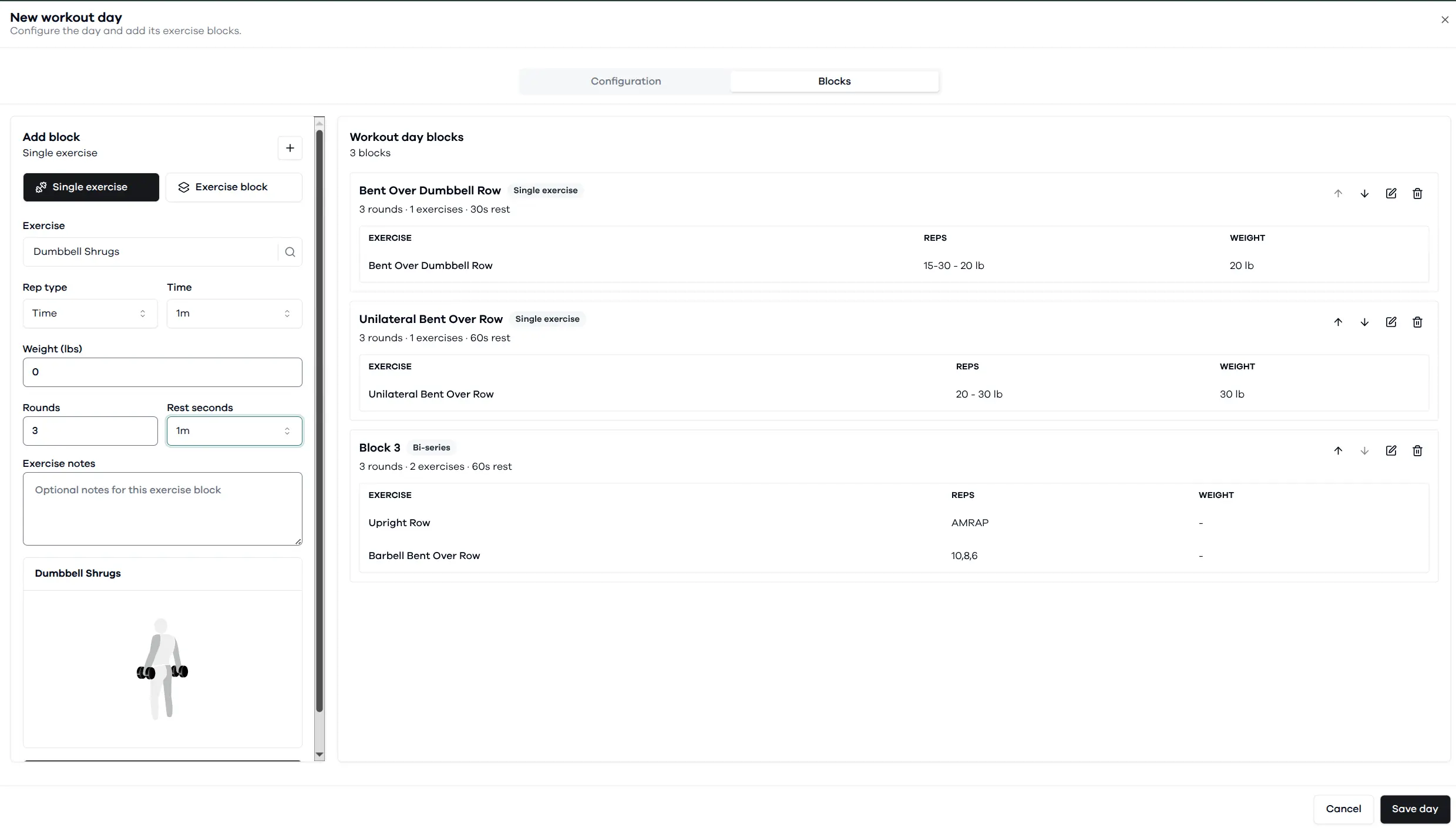 Macro workout plan setup screen